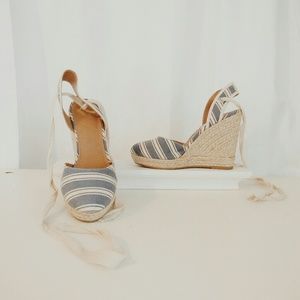 Report blue white canvas striped espadrille wedges